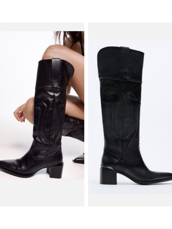 Zara Shoes - Zara black leather knee-high cowboy Western boots Size 38 7.5